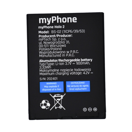 do myPhone Halo 2 1075 Oryginalna bateria BS-02 900mAh