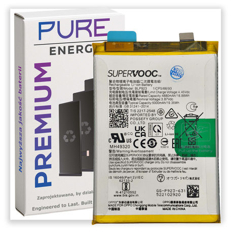 Bateria Pure Energy do Oppo A78 A77 A57 Realme C51 BLP923 5000mAh
